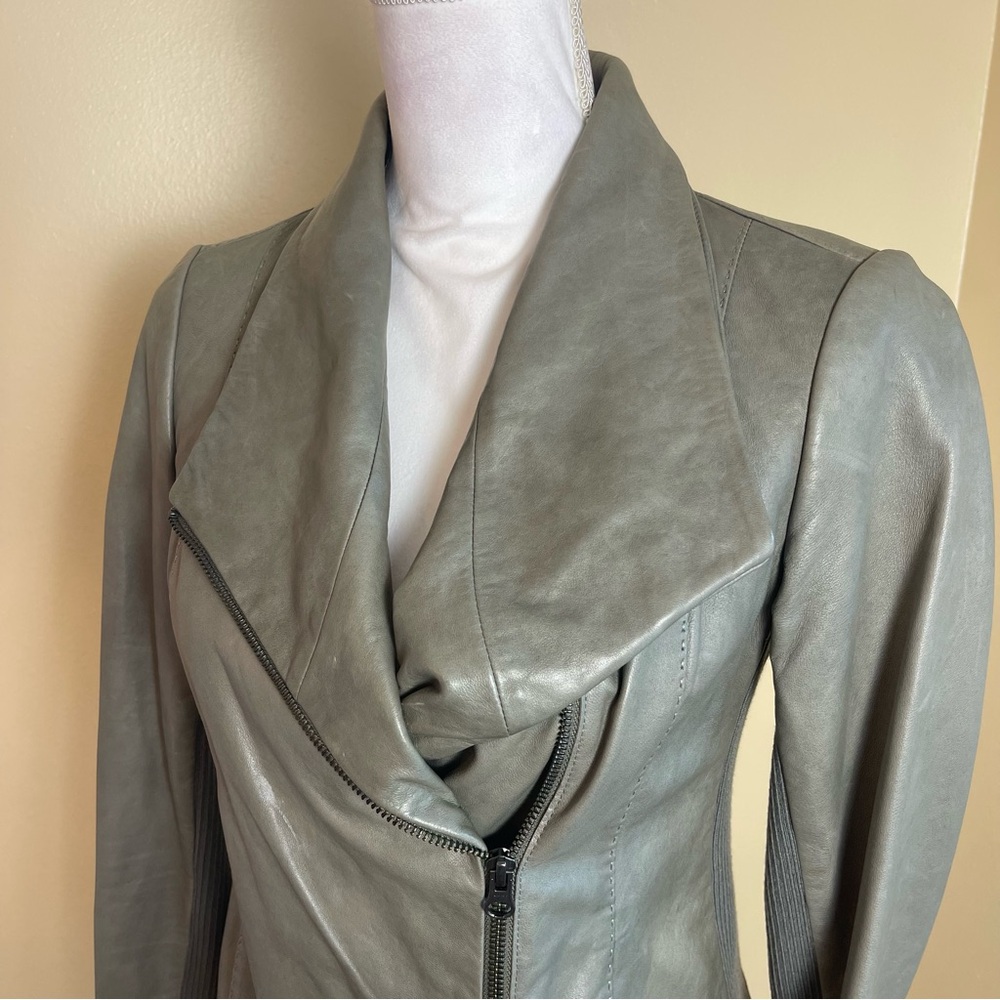 Vince Women’s Genuine Leather Jacket S Funnel Neck Olive Green Minimalist Chic - Picture 10 of 15